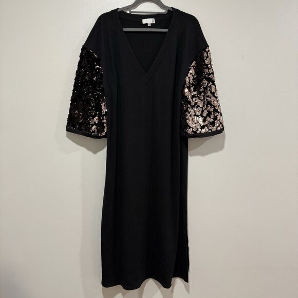 Anthropologie RO+DE Ariel Sequined Sleeve Black Midi Dress Size XLarge - Picture 2 of 7